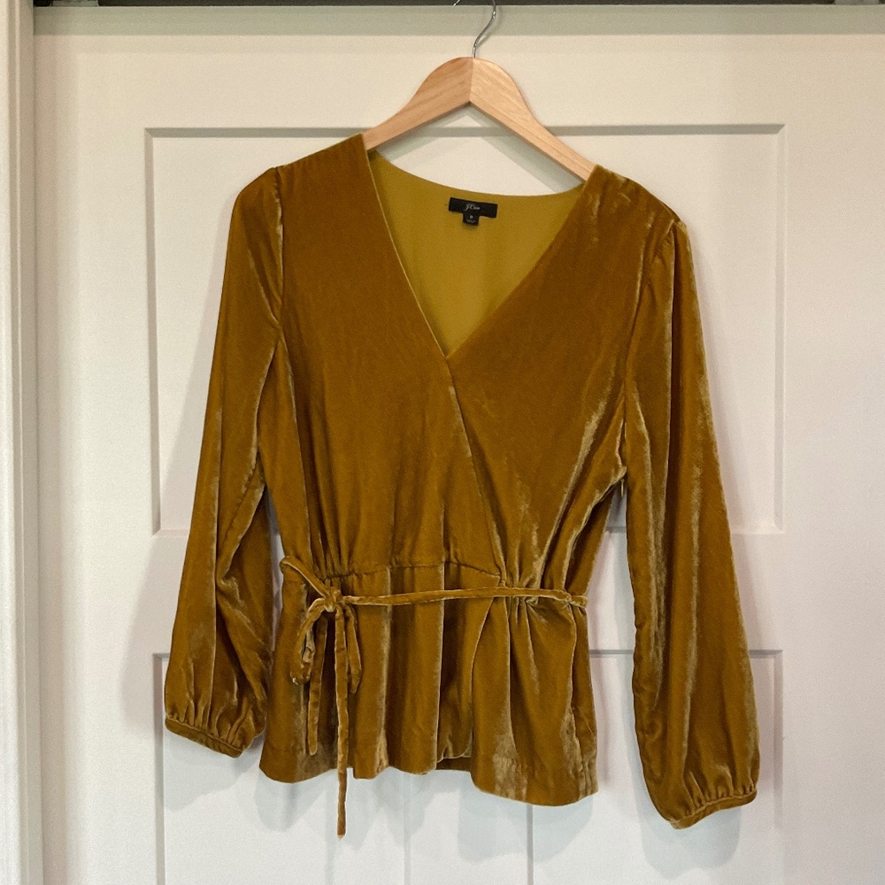 J. Crew Women's V Neck Faux Wrap Velvet Top Size 8 Mustard Yellow Style J4962